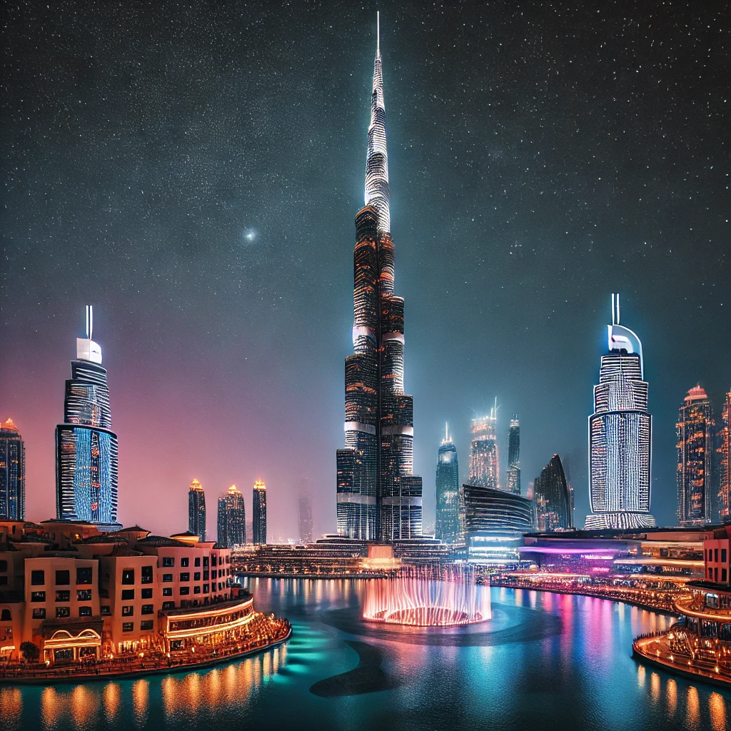 Night view of Dubai's Burj Khalifa illuminated with vibrant lights, surrounding skyscrapers, and the Dubai Fountain showcasing the city's luxurious and innovative skyline