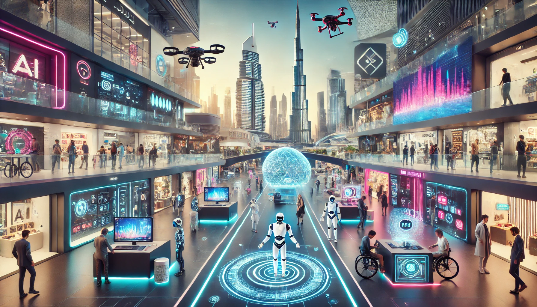 Une salle futuriste à Dubaï présentant des innovations technologiques, incluant des robots, des drones, des hologrammes, et des écrans interactifs. En arrière-plan, des gratte-ciels modernes et des visiteurs explorant différentes expositions liées à l'intelligence artificielle, la réalité augmentée, et les technologies avancées. Une ambiance d'innovation et de progrès technologique est mise en avant.