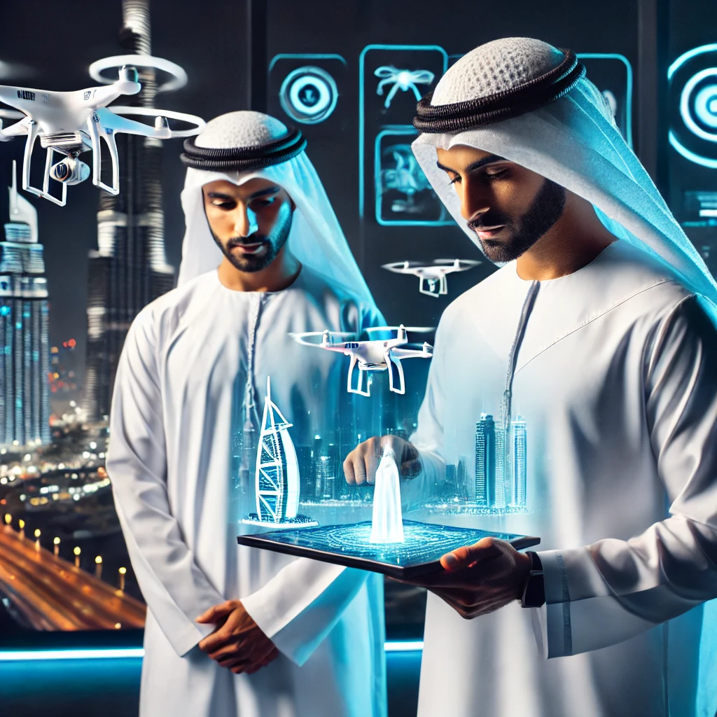 Two Emirati men in traditional attire interact with advanced technology in Dubai. One is using a holographic tablet displaying 3D models of drones and iconic landmarks like the Burj Al Arab, while drones hover in the background. The scene highlights innovation and futuristic tech development in the UAE.