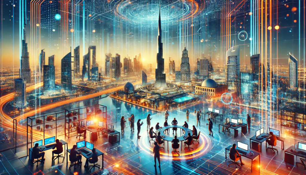 Futuristic view of Dubai featuring advanced technology hubs and startup workspaces. People collaborate in high-tech offices with computer screens and digital interfaces, while the Dubai skyline, including the Burj Khalifa, is illuminated with glowing data streams and holographic effects. Highlights innovation, entrepreneurship, and technology in Dubai.