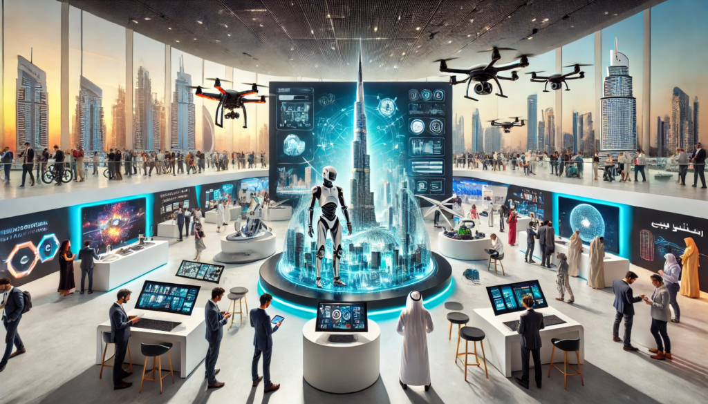 Une salle futuriste à Dubaï présentant des innovations technologiques, incluant des robots, des drones, des hologrammes, et des écrans interactifs. En arrière-plan, des gratte-ciels modernes et des visiteurs explorant différentes expositions liées à l'intelligence artificielle, la réalité augmentée, et les technologies avancées. Une ambiance d'innovation et de progrès technologique est mise en avant