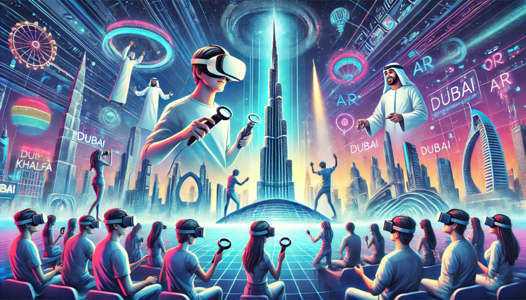 Futuristic tech scene in Dubai featuring VR and AR experiences. People wearing VR headsets interact with holograms, with the Burj Khalifa and Dubai skyline in the background. Highlights cutting-edge technology and innovation in Dubai.