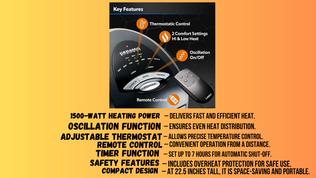 Lasko Oscillating Ceramic Tower Heater Key Features – Image highlighting the heater's main features, including 1500-watt heating power, oscillation function, adjustable thermostat, remote control, timer function, safety features, and compact design for portability.