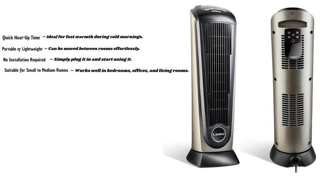 Lasko tower heater with front and back views, featuring fast heating, portability, and remote control