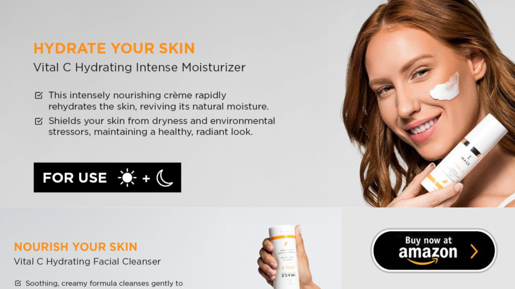 Close-up of a model’s smooth skin after applying Vital C Serum