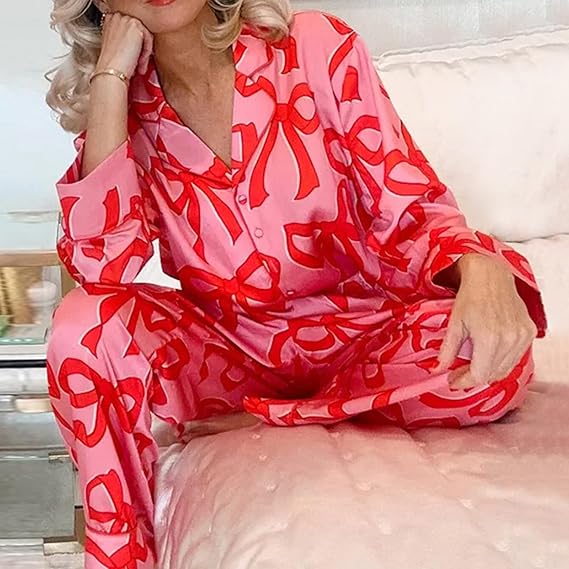 Valentine’s Day Pajama Sets - Cozy long sleeve pajama set for women with buttoned lapel and bow print, ideal for chilly nights.