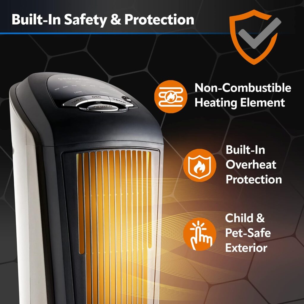 Quiet and energy-efficient ceramic heater with oscillation for even heat distribution. Features a remote control for added convenience, unlike many budget heaters