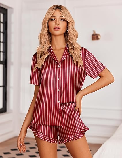 Example of the Ekouaer Women's Satin Pajamas Set Button Down 2 Piece Silk in red.