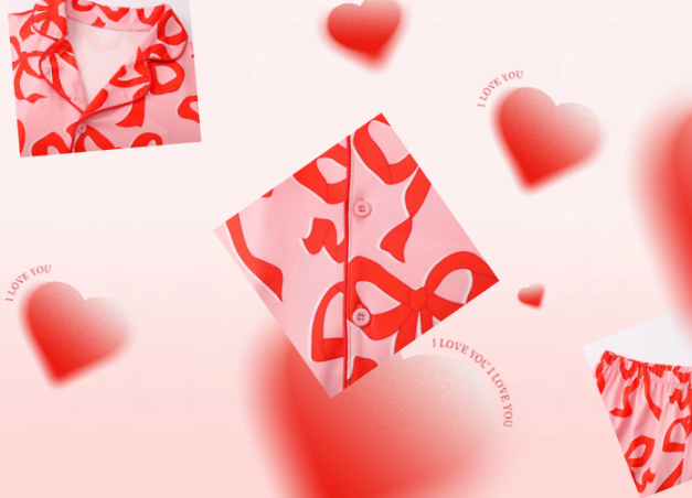 Close-up view of the stunning, unique design of the Valentine’s Day Women’s Pajama Set, featuring a charming bow print and buttoned lapel.