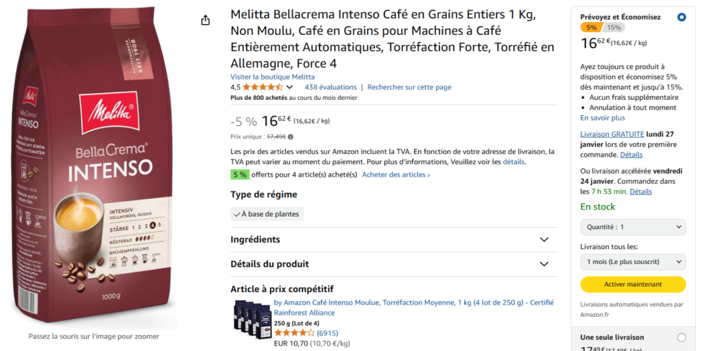 Melitta Bellacrema Intenso café de qualité allemande