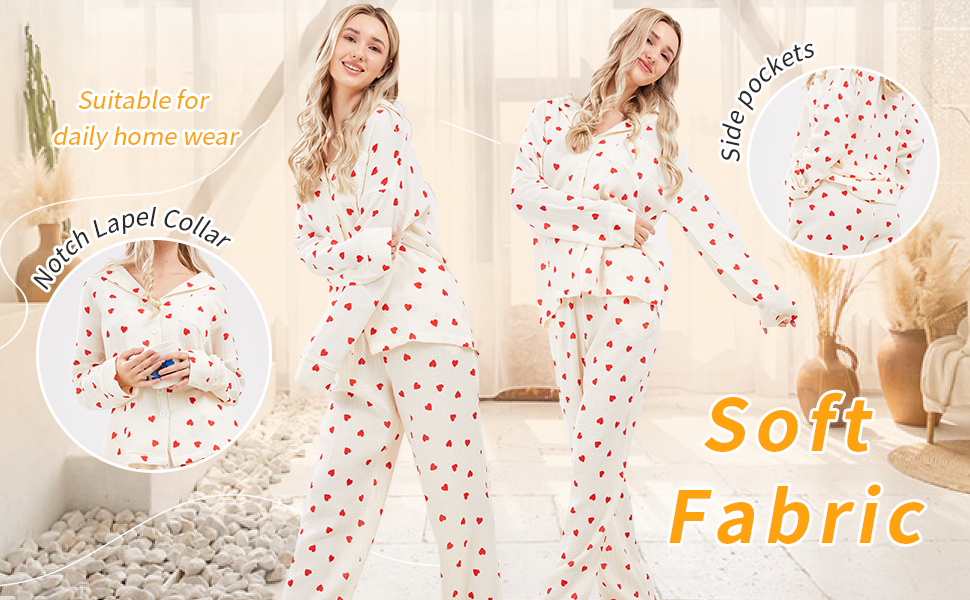 Close-up of the Women's Cotton Pajama Set with a cute heart print, highlighting its soft fabric, good quality, and many benefits.