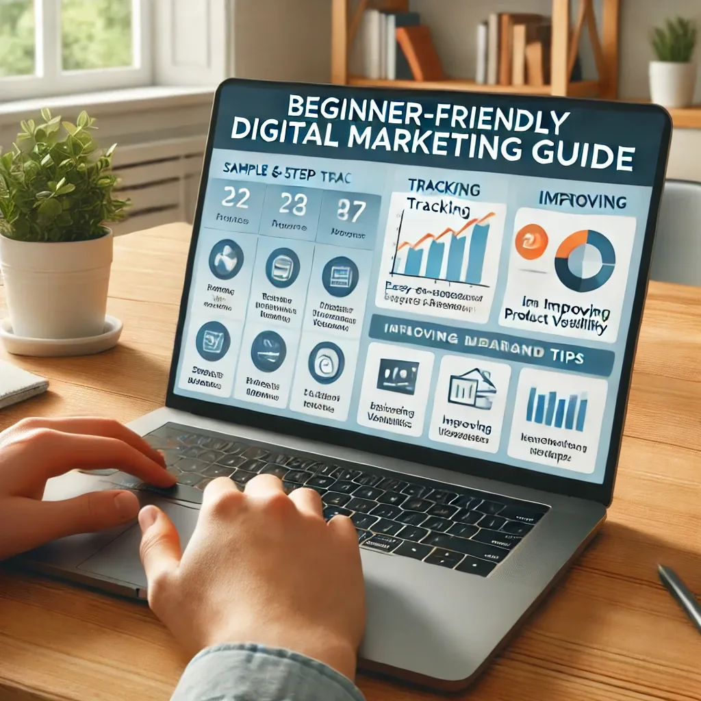 A digital marketing expert analyzing e-commerce product visibility metrics on a laptop, optimizing listings for higher search rankings and sales.