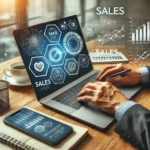 A business professional analyzing data charts on a laptop, reviewing sales performance and customer insights to optimize sales strategy.