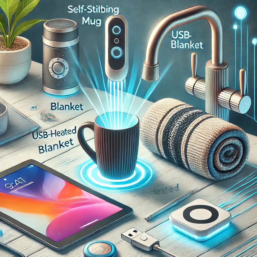 A collection of strange but popular products, including a banana slicer, a LED shower head, and a voice-activated soap dispenser, displayed in a modern home setting.