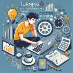 A young entrepreneur working on a laptop in a home office, planning their online business strategy, surrounded by creative business tools.