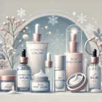 A collection of winter skincare essentials, including hydrating serums, rich moisturizers, and lip balms, displayed in a modern vanity setup.