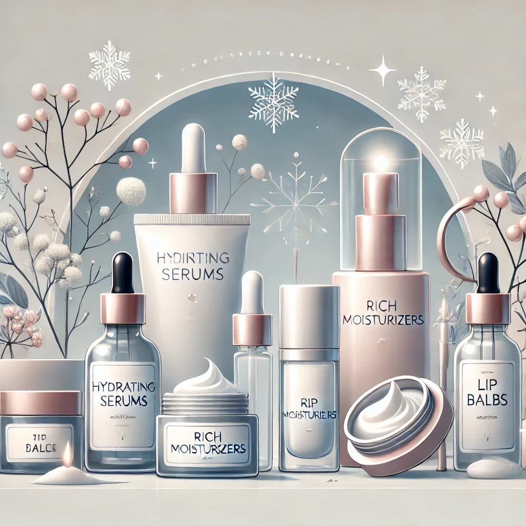 A collection of winter skincare essentials, including hydrating serums, rich moisturizers, and lip balms, displayed in a modern vanity setup.