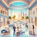 A luxury beauty shopping experience inside a Dubai mall, showcasing premium skincare and makeup products at discounted prices.