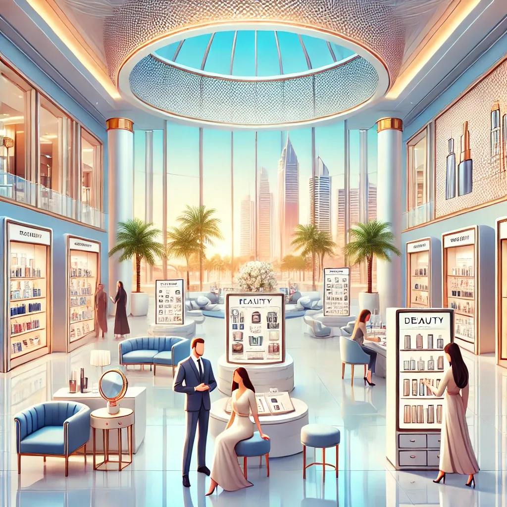 A luxury beauty shopping experience inside a Dubai mall, showcasing premium skincare and makeup products at discounted prices.