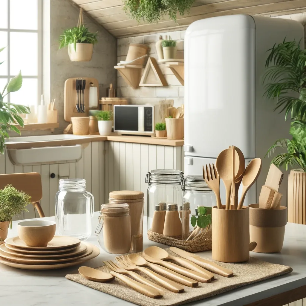 A modern, eco-friendly home featuring sustainable furniture, reusable kitchenware, and energy-efficient lighting, promoting a green lifestyle.