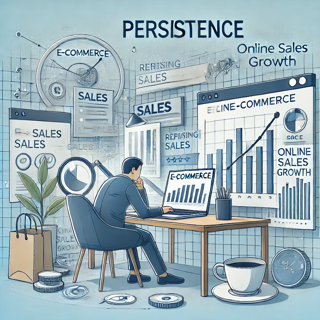A determined entrepreneur working on an e-commerce business, analyzing sales data and improving marketing strategies for long-term success.