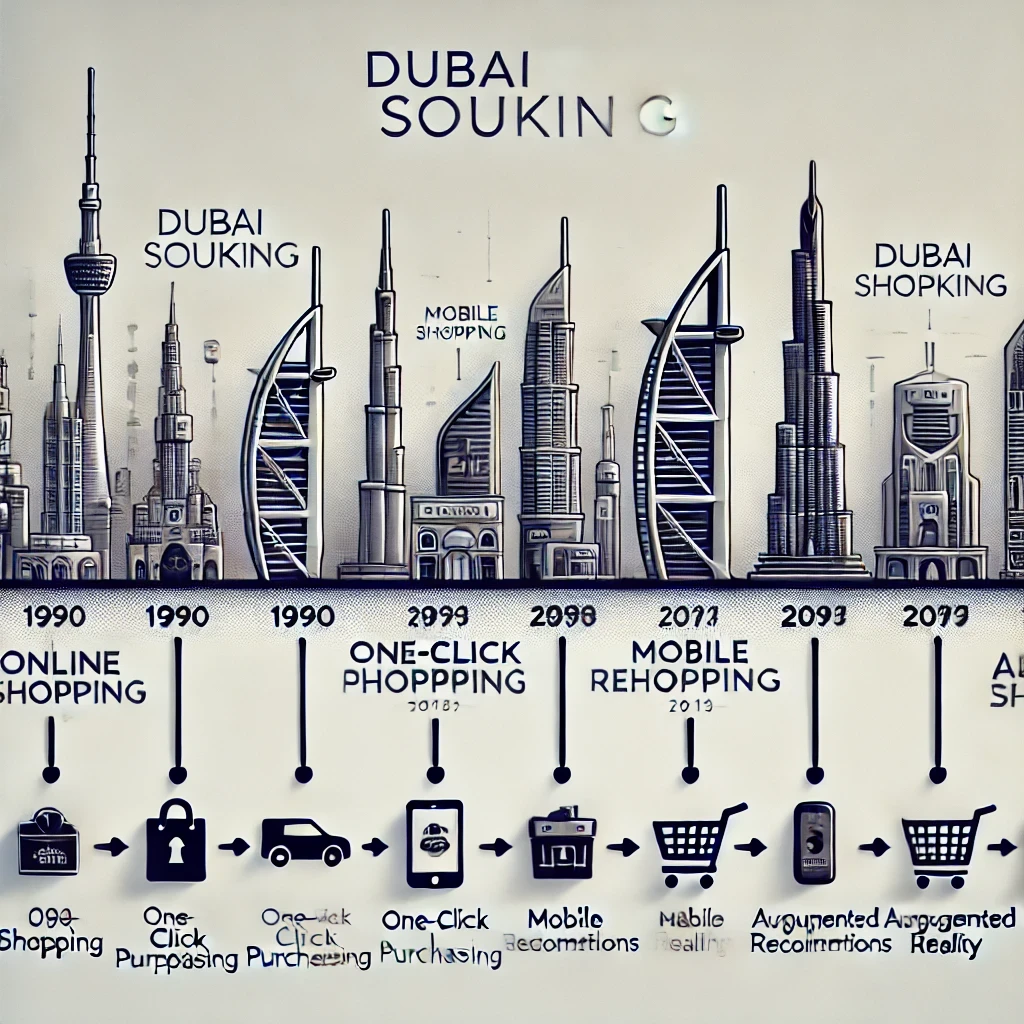 A timeline showcasing the evolution of online shopping, from the early 1990s to AI-driven personalized shopping experiences.
