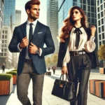 A well-dressed man and woman in stylish, budget-friendly business attire, confidently walking in a modern cityscape.