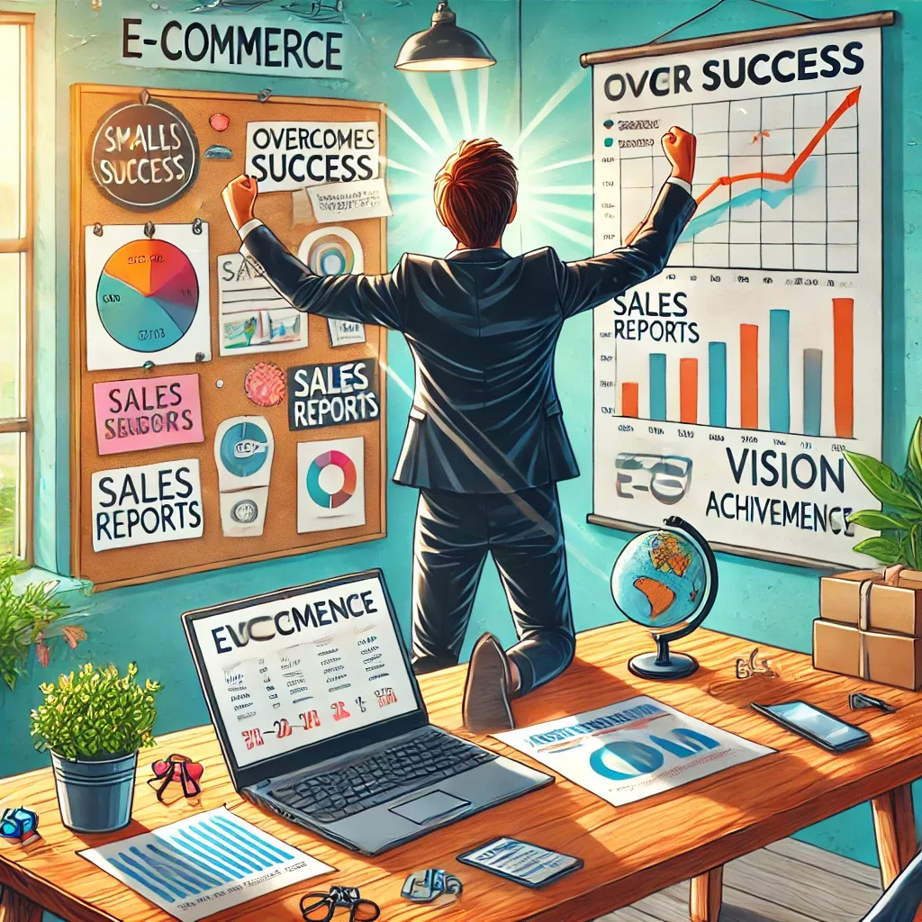 A determined e-commerce seller analyzing sales data and strategizing a comeback after facing business setbacks.