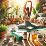 A peaceful wellness space with essential oils, yoga mats, skincare products, and cozy bedding, creating a relaxing and balanced environment.