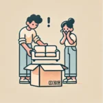 A confused online shopper unboxing a tiny couch, realizing they ordered the wrong size.