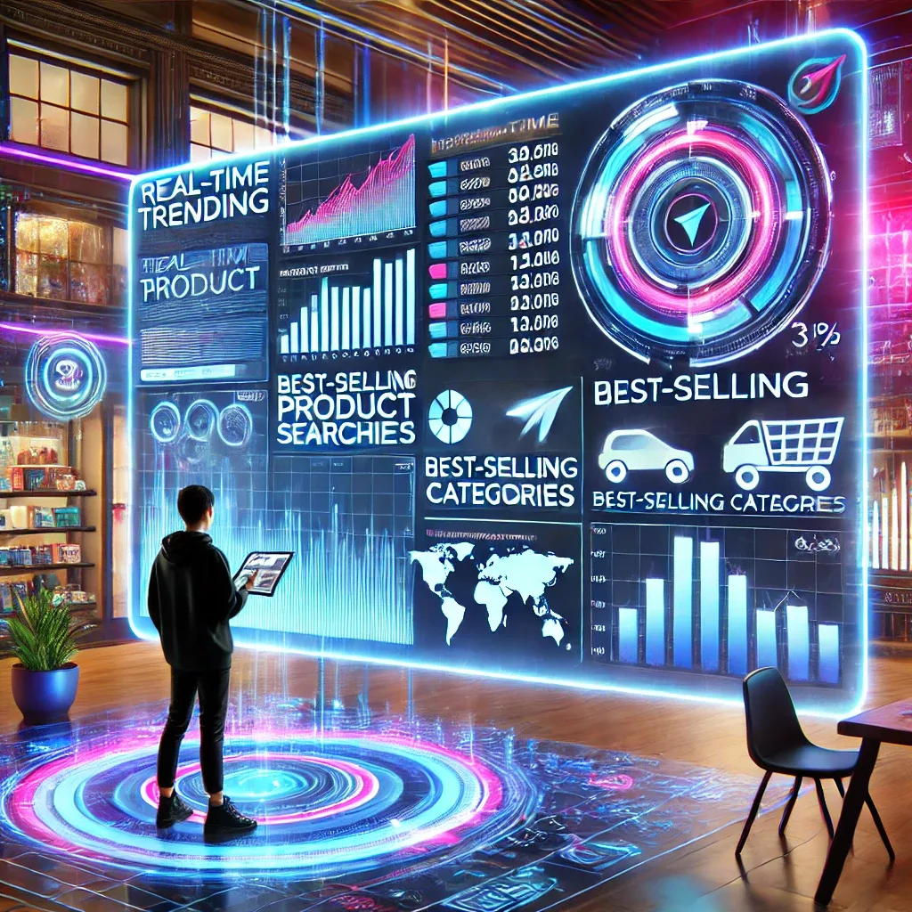 A digital shopping dashboard displaying trending products, search analytics, and top-selling categories from the past year.