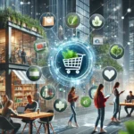 A dynamic digital shopping scene with online trends, sustainable products, social commerce, and health-conscious consumer behavior.