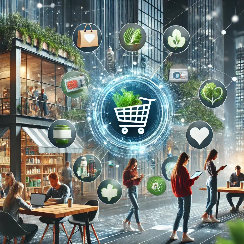 A dynamic digital shopping scene with online trends, sustainable products, social commerce, and health-conscious consumer behavior.