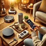 A selection of innovative smart gadgets, including a robot vacuum, smart assistant, and wireless charger, displayed in a modern workspace.