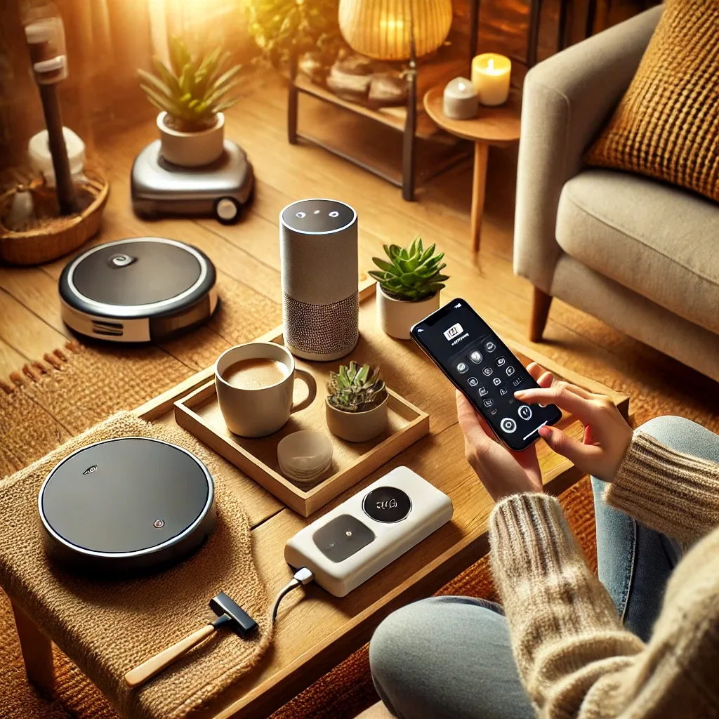 A selection of innovative smart gadgets, including a robot vacuum, smart assistant, and wireless charger, displayed in a modern workspace.