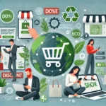 A modern shopping scene with customers using smartphones to browse online deals, eco-friendly products, and social media shopping trends.