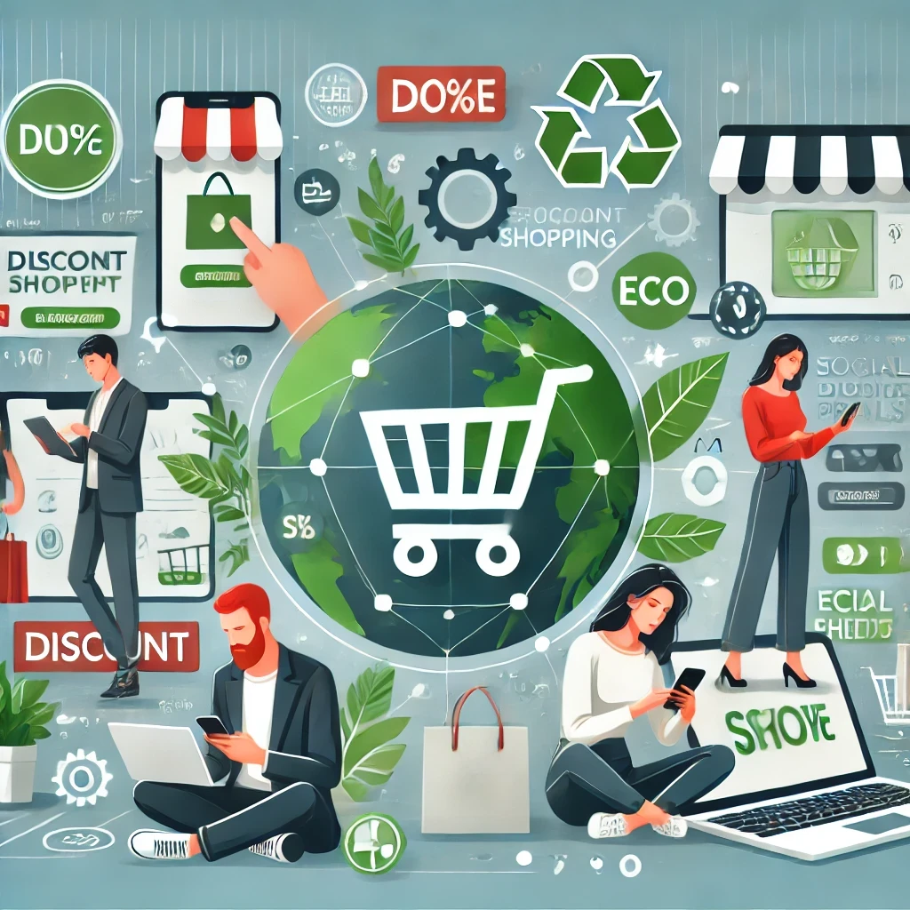 A modern shopping scene with customers using smartphones to browse online deals, eco-friendly products, and social media shopping trends.