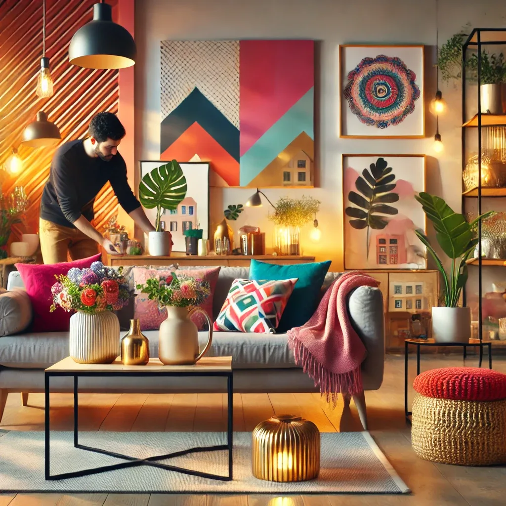 A stylish and affordable living room featuring modern decor, budget-friendly furniture, elegant lighting, and decorative accessories.