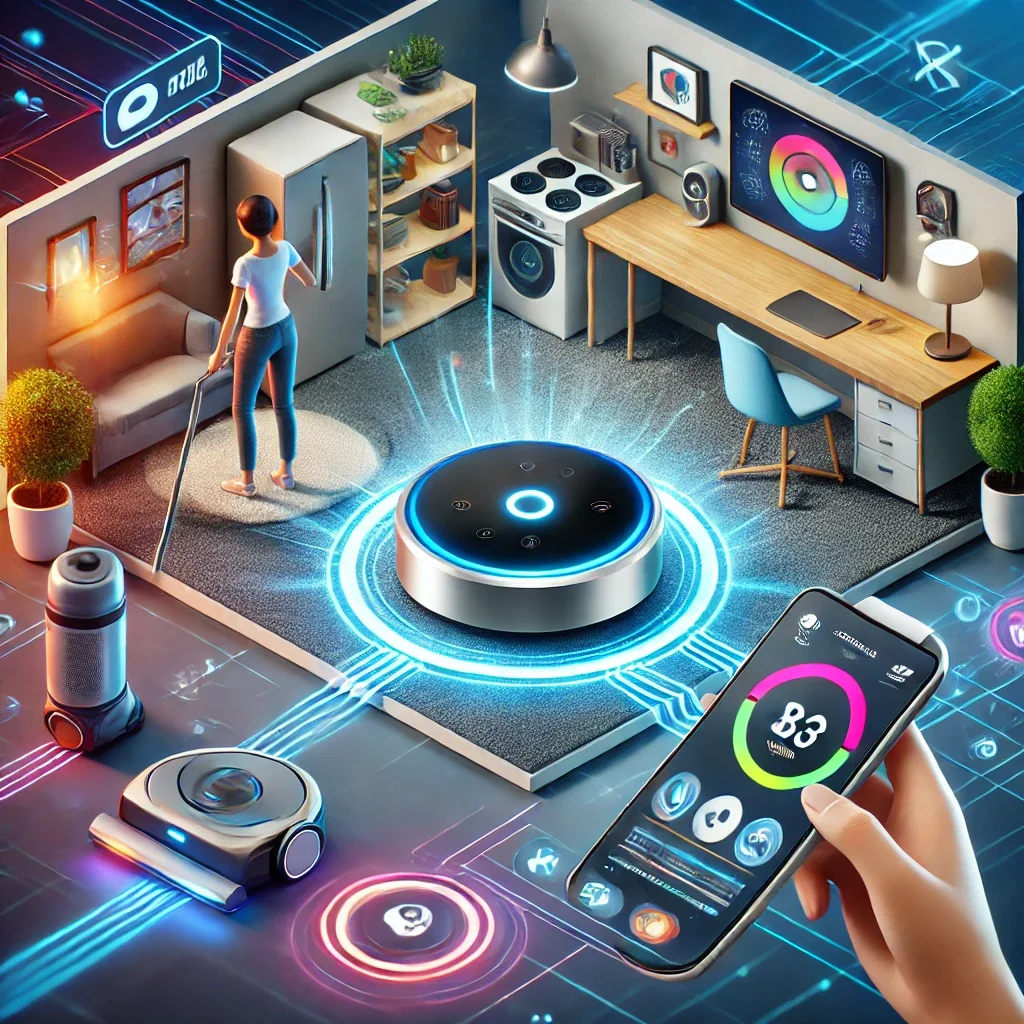 A modern home with smart living products, including a voice assistant, robotic vacuum, smart lighting, and wearable health devices.