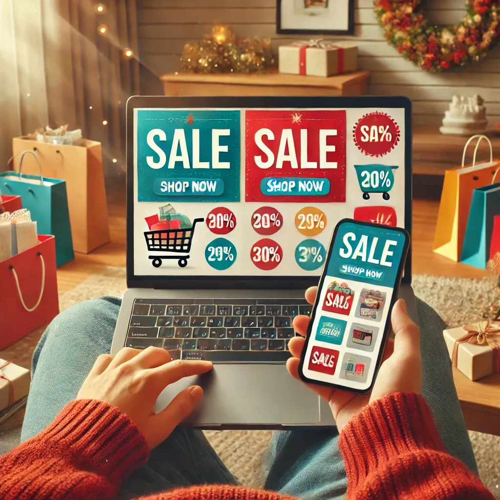 A shopper browsing online deals and seasonal discounts, highlighting the best times to shop for savings.