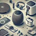 A collection of trending items, including a smart speaker, wireless earbuds, and an air fryer, displayed on a modern workspace.