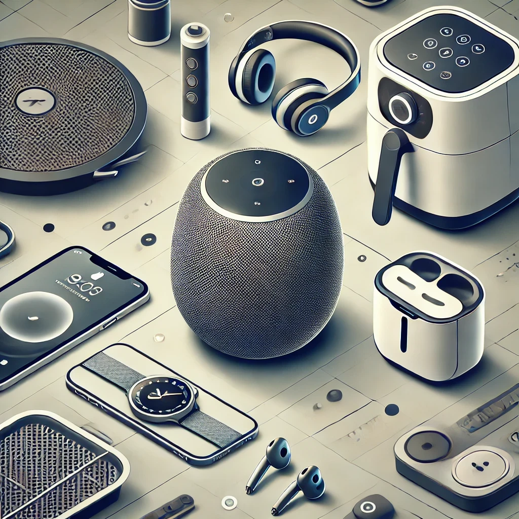 A collection of trending items, including a smart speaker, wireless earbuds, and an air fryer, displayed on a modern workspace.