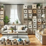 A modern, organized home with smart storage solutions, including multi-functional furniture, labeled bins, and wall-mounted shelves.