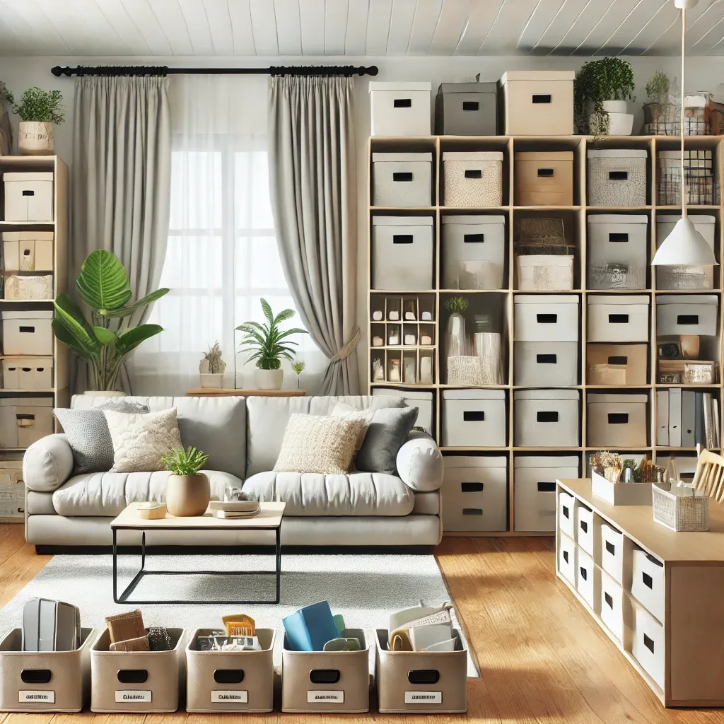 A modern, organized home with smart storage solutions, including multi-functional furniture, labeled bins, and wall-mounted shelves.