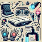 A collection of weird but useful gadgets, including a self-stirring mug, a mini vacuum, and LED faucet light, displayed on a modern desk