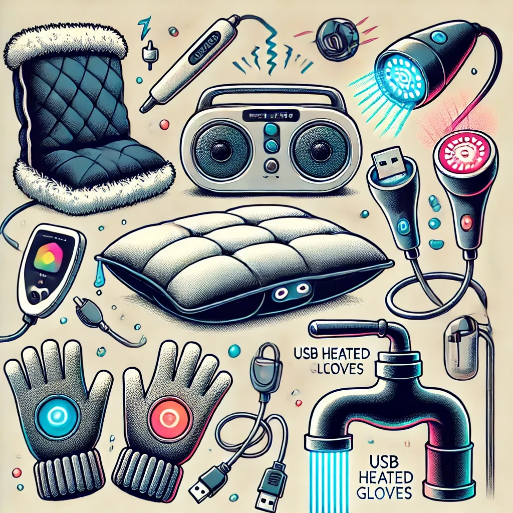 A collection of weird but useful gadgets, including a self-stirring mug, a mini vacuum, and LED faucet light, displayed on a modern desk