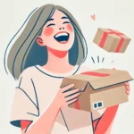 A happy customer laughing while unboxing a surprise online order, capturing the fun side of unexpected shopping experiences.