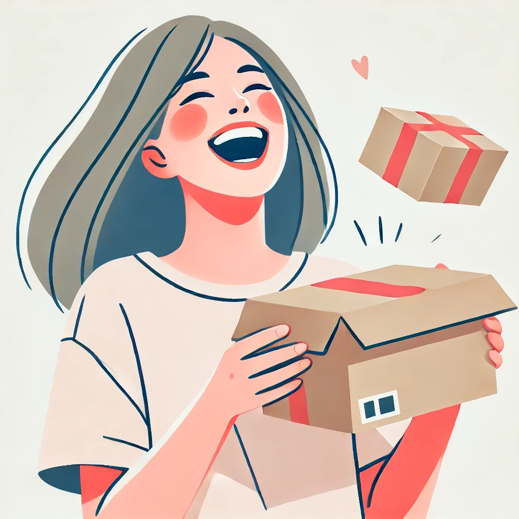 A happy customer laughing while unboxing a surprise online order, capturing the fun side of unexpected shopping experiences.
